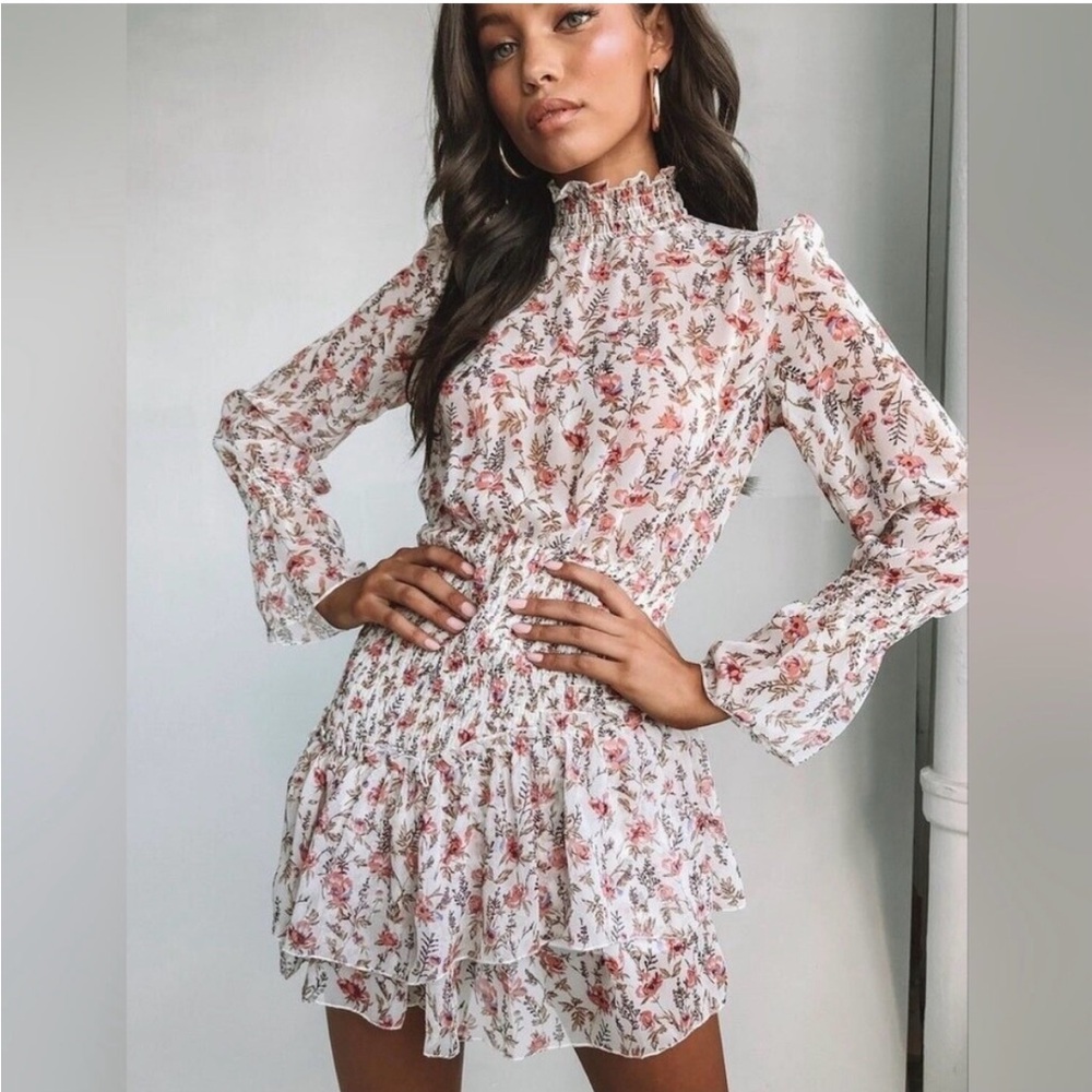 Princess Polly Guetta size 10 floral mock neck Ruffle long sleeve Dress